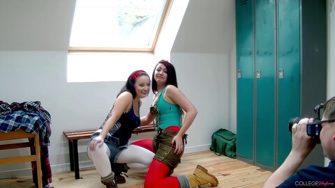 Carla's booty wiggles as Bryoni teases in tight leather shorts