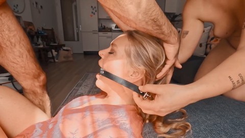 Girl eating creampie, lesbian sex, ring gag blowjob