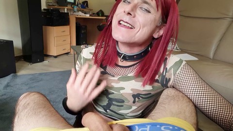 Shemale cum in face, sucking off, sissy swallows cum